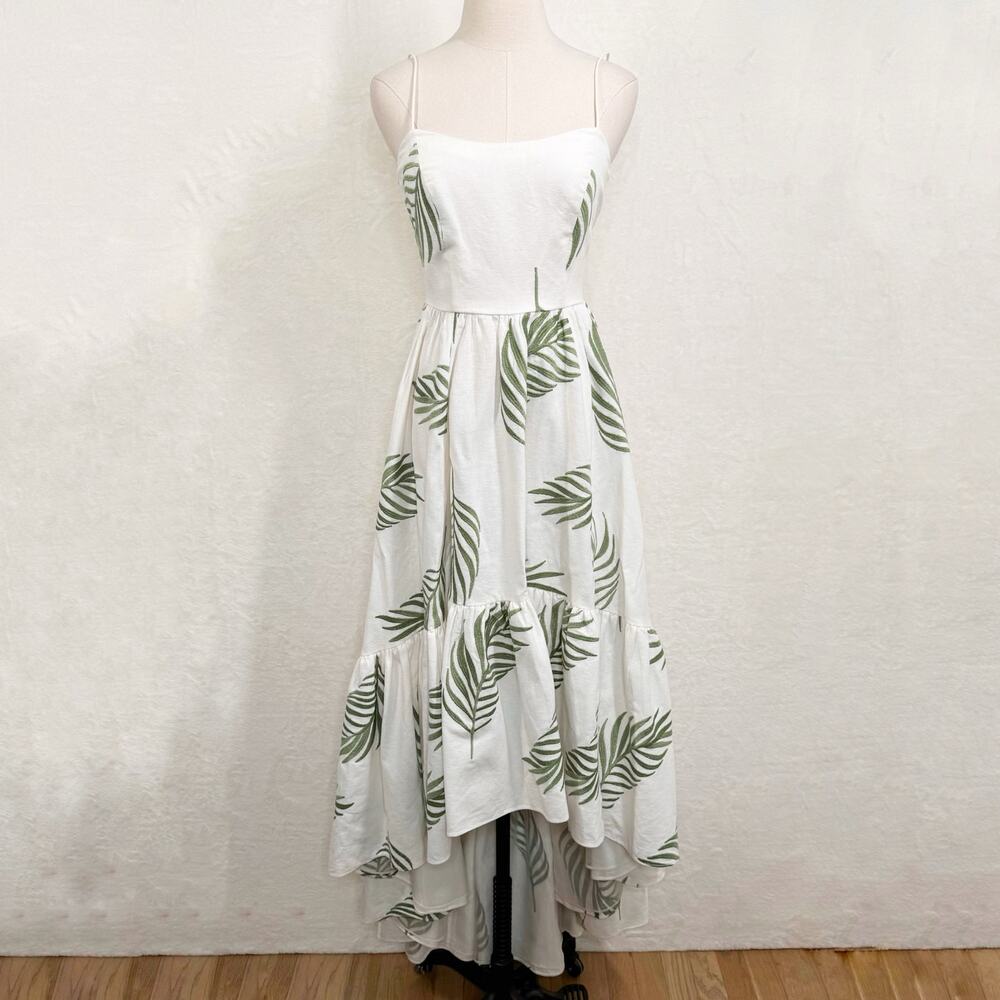 Mestiza Cleo Ballgown Cream Green Palm Leaf High Low Dress Linen Wedding Size 6 - Picture 3 of 16
